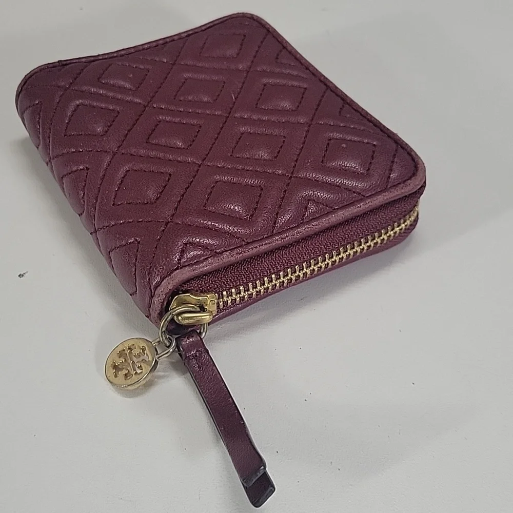 Tory Burch Burgundy Quilted Diamond Zip Wallet
